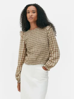 Blusa Manga Comprida Xadrez Franzida