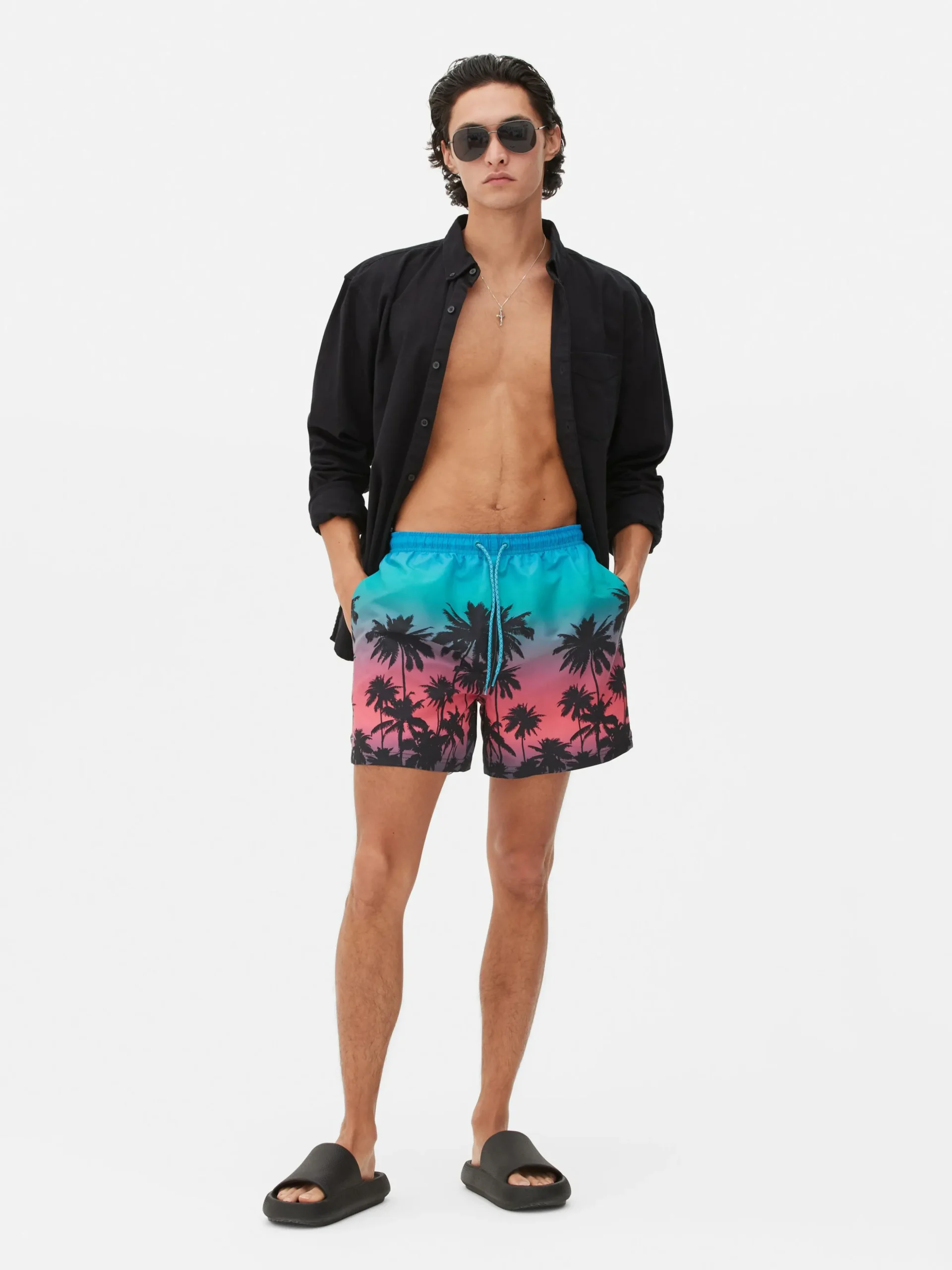 Calções Banho Padrão Palmeiras Tingidos