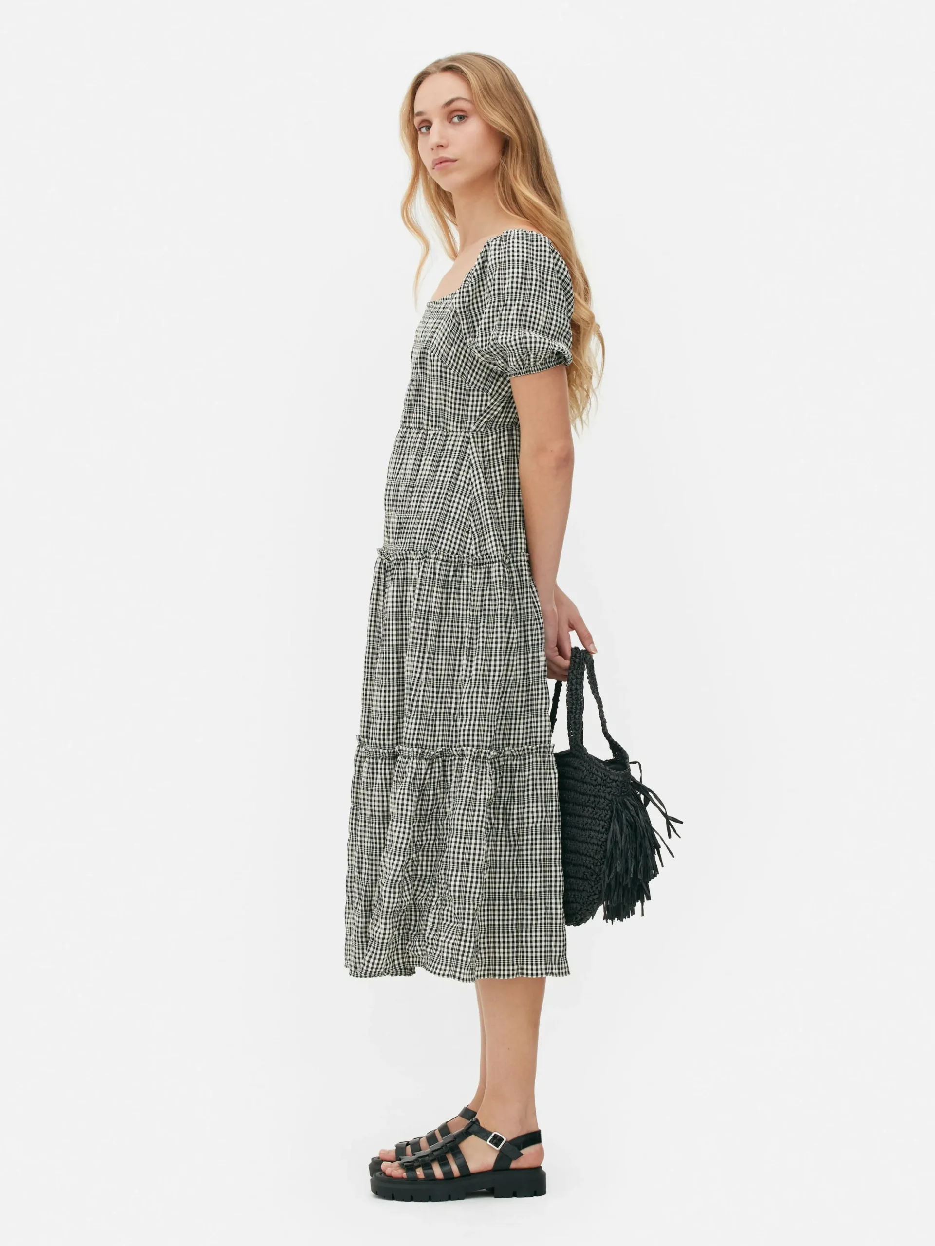 Vestido Midi Camadas Manga Balão Guingão