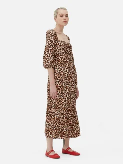 Vestido Midi Decote Quadrado Leopardo