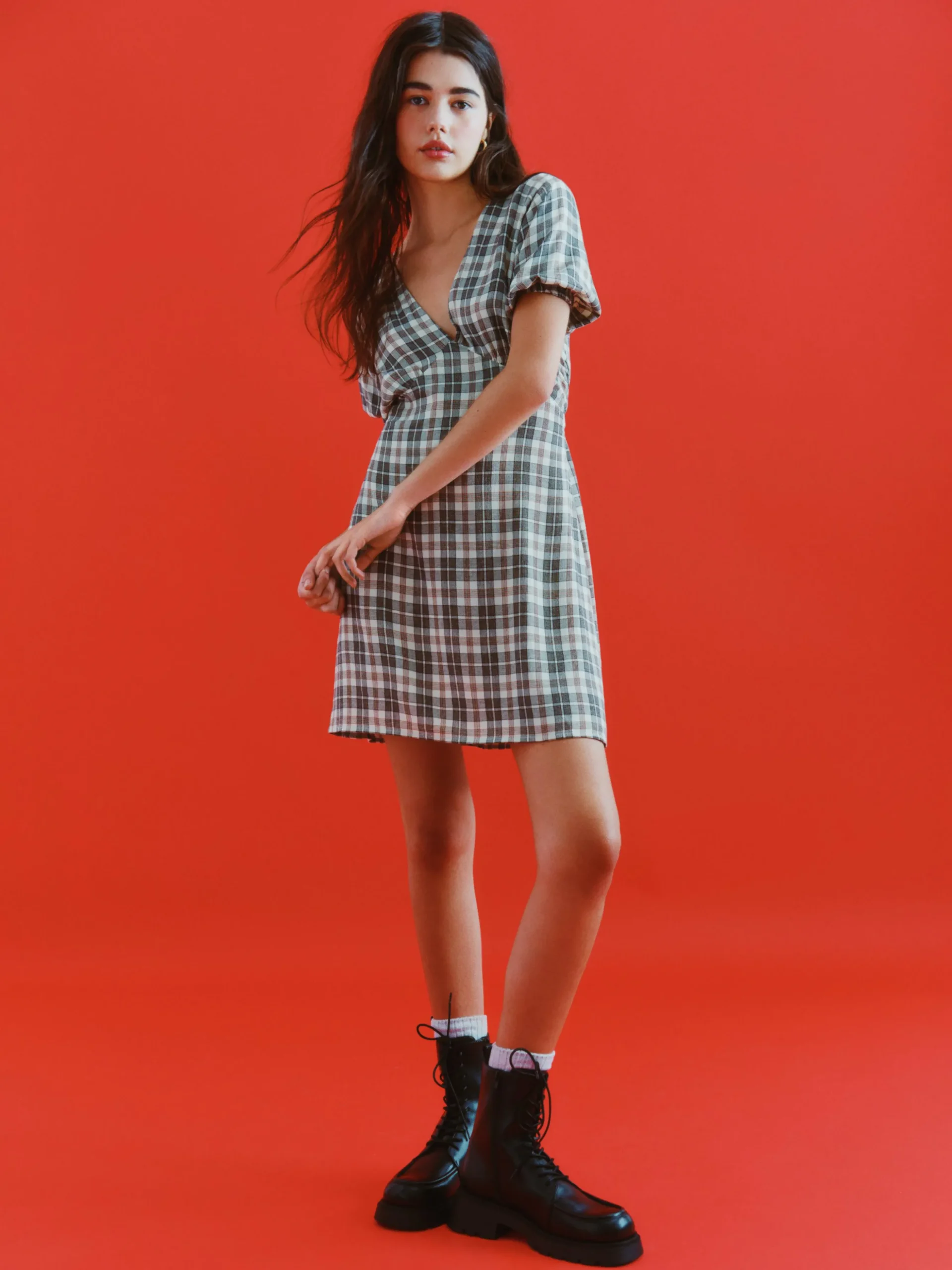 Vestido Mini Decote V Padrão Xadrez